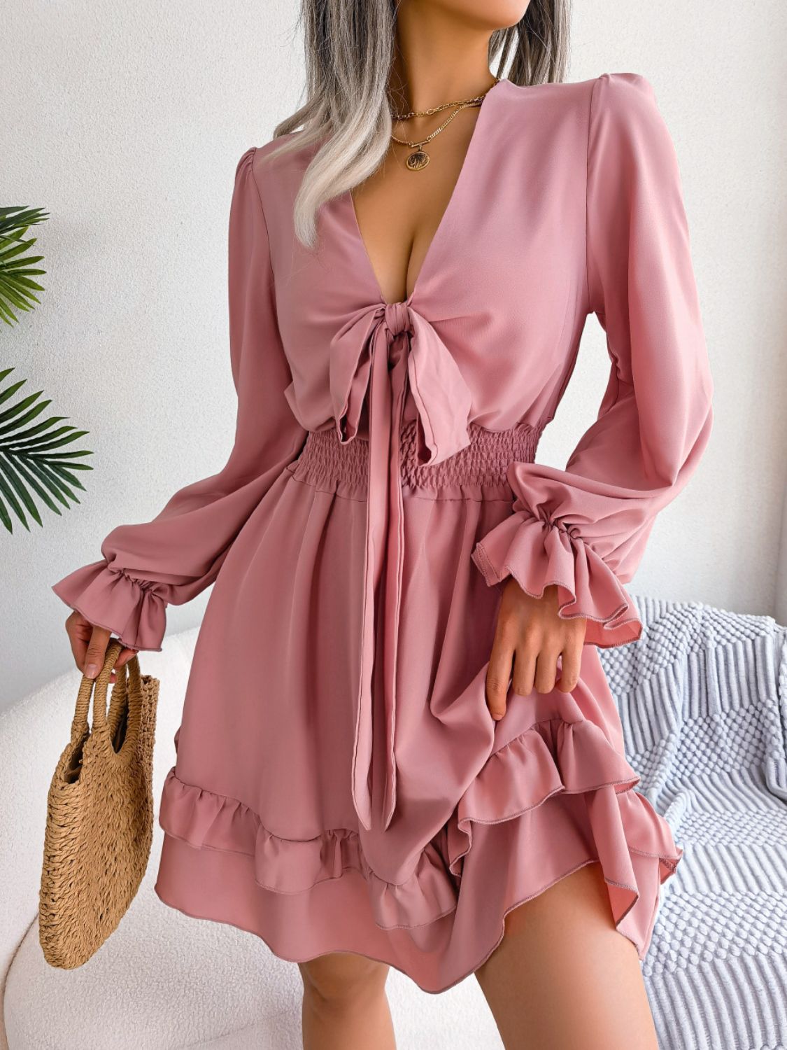 Tie Front Smocked Waist Flounce Sleeve Dress Leigh Allure Tie Front Smocked Waist Flounce Sleeve Dress Leigh Allure
