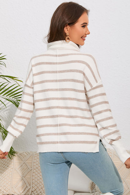 Double Take Cowl Neck Drastring Dropped Shoudler Striped Print Blouse