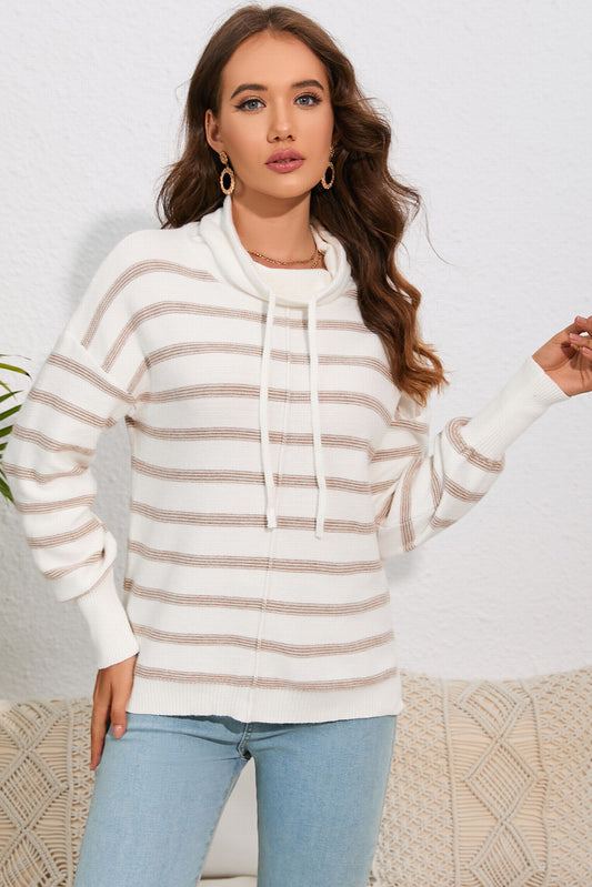 Double Take Cowl Neck Drastring Dropped Shoudler Striped Print Blouse