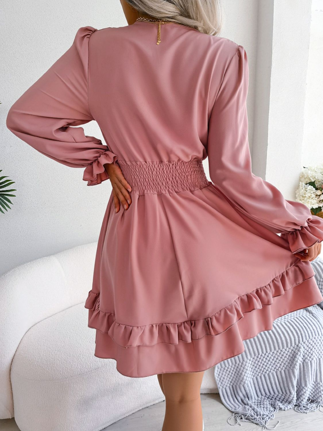Tie Front Smocked Waist Flounce Sleeve Dress Leigh Allure Tie Front Smocked Waist Flounce Sleeve Dress Leigh Allure